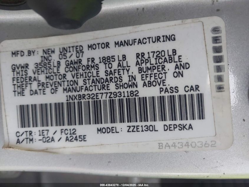 2007 Toyota Corolla S VIN: 1NXBR32E77Z931182 Lot: 43843278