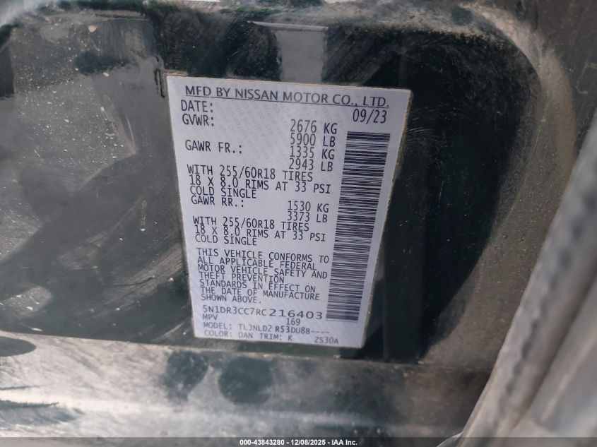 2024 Nissan Pathfinder Sl 4Wd VIN: 5N1DR3CC7RC216403 Lot: 43843280