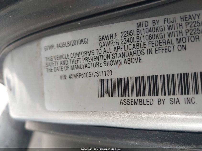 2007 Subaru Outback 2.5I VIN: 4S4BP61C577311100 Lot: 43843286