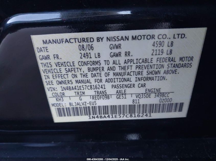 2007 Nissan Maxima 3.5 Se VIN: 1N4BA41E57C816241 Lot: 43843288