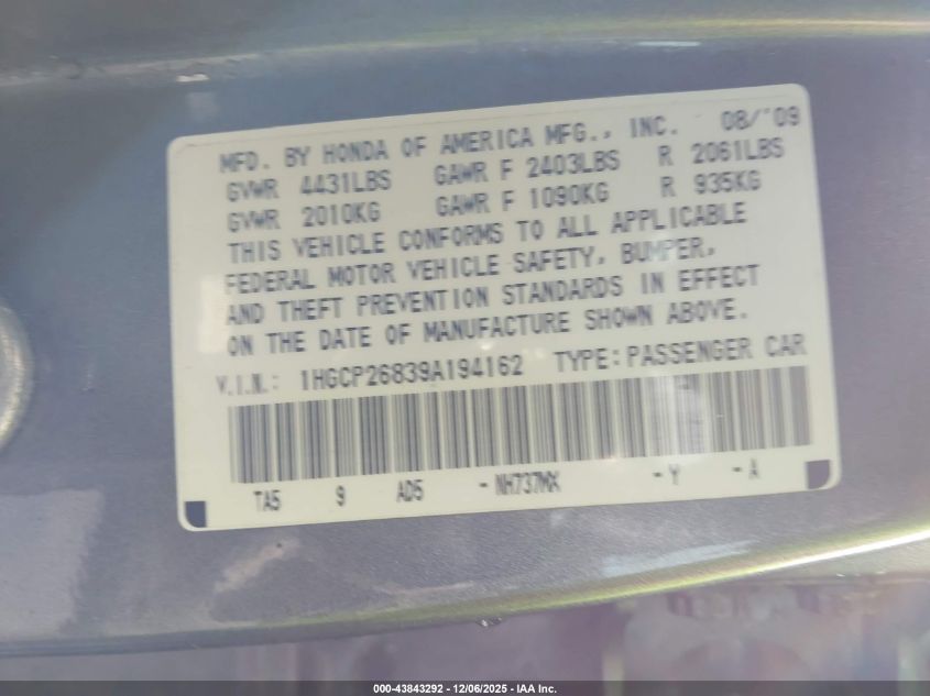 2009 Honda Accord 2.4 Ex-L VIN: 1HGCP26839A194162 Lot: 43843292