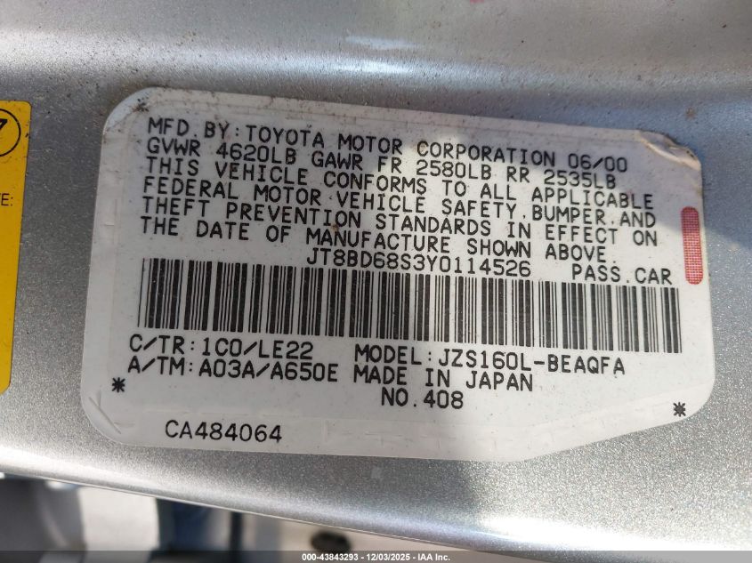 2000 Lexus Gs 300 VIN: JT8BD68S3Y0114526 Lot: 43843293