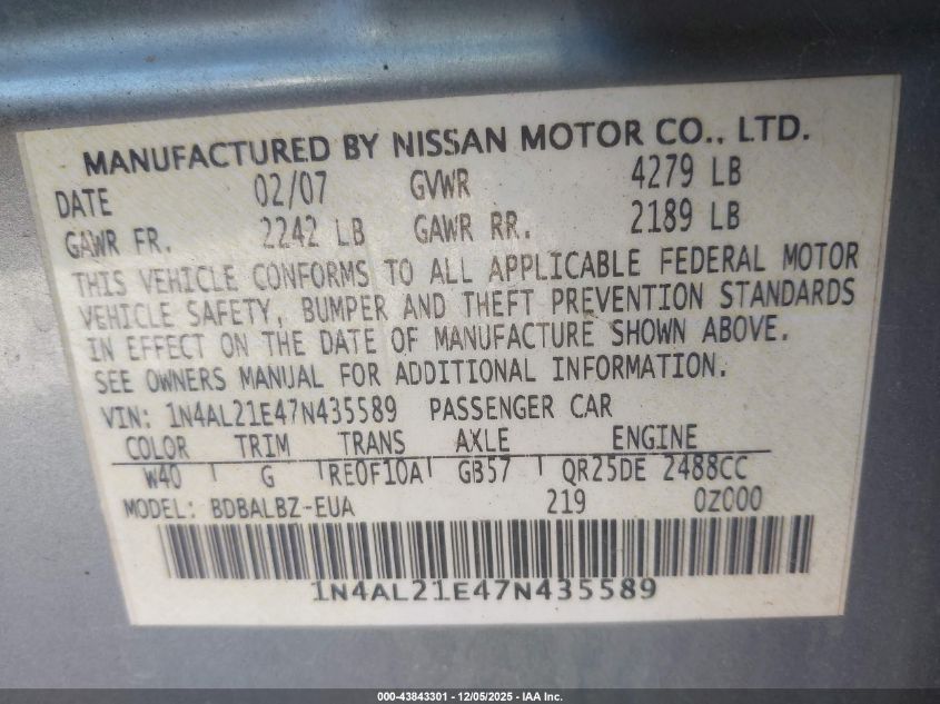 2007 Nissan Altima 2.5 S VIN: 1N4AL21E47N435589 Lot: 43843301
