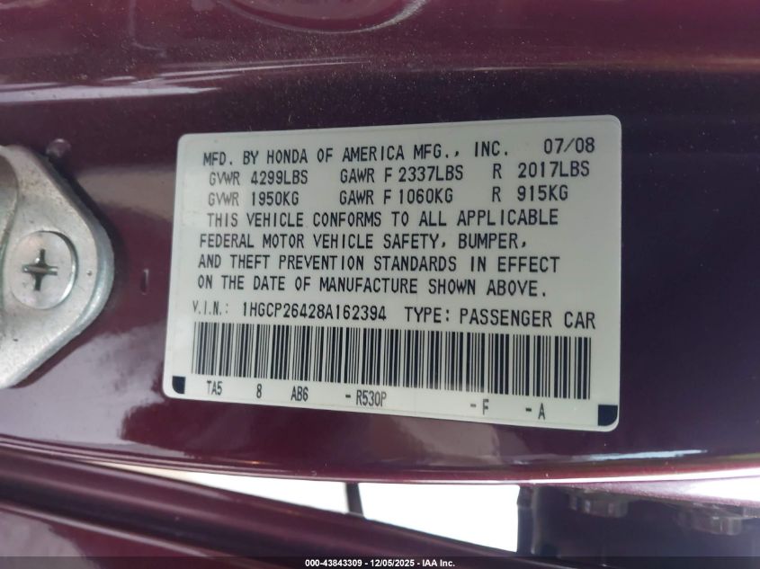 2008 Honda Accord 2.4 Lx-P VIN: 1HGCP26428A162394 Lot: 43843309