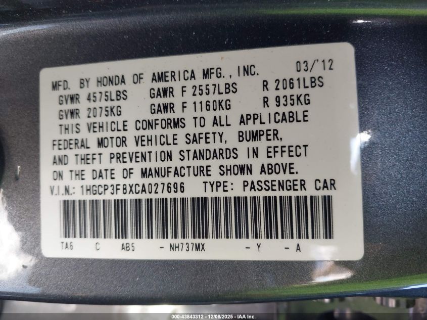 2012 Honda Accord 3.5 Ex-L VIN: 1HGCP3F8XCA027696 Lot: 43843312