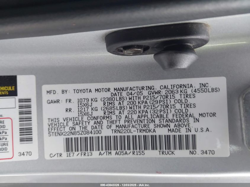 2005 Toyota Tacoma VIN: 5TENX22N85Z084100 Lot: 43843326