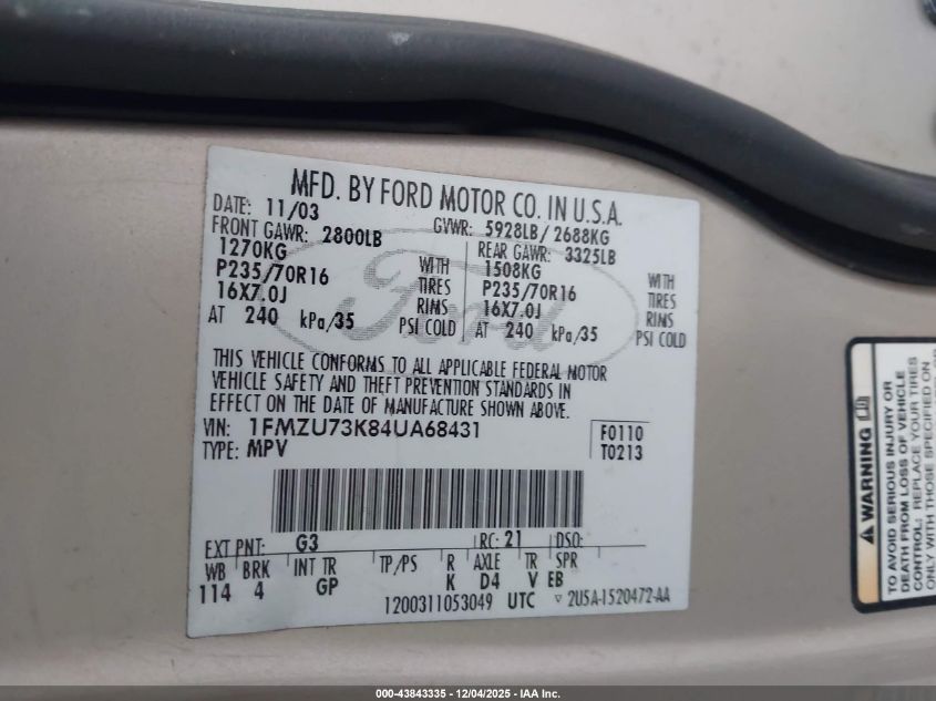 2004 Ford Explorer Nbx/Xlt VIN: 1FMZU73K84UA68431 Lot: 43843335