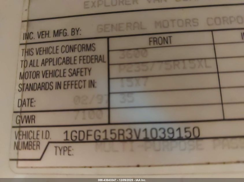 1997 GMC Savana Rv VIN: 1GDFG15R3V1039150 Lot: 43843347