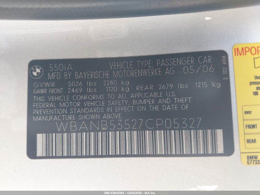 2007 BMW 550I VIN: WBANB53527CP05327 Lot: 43843364