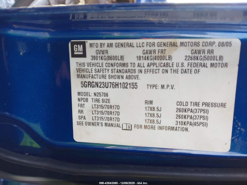 2006 Hummer H2 Suv VIN: 5GRGN23U76H102155 Lot: 43843365