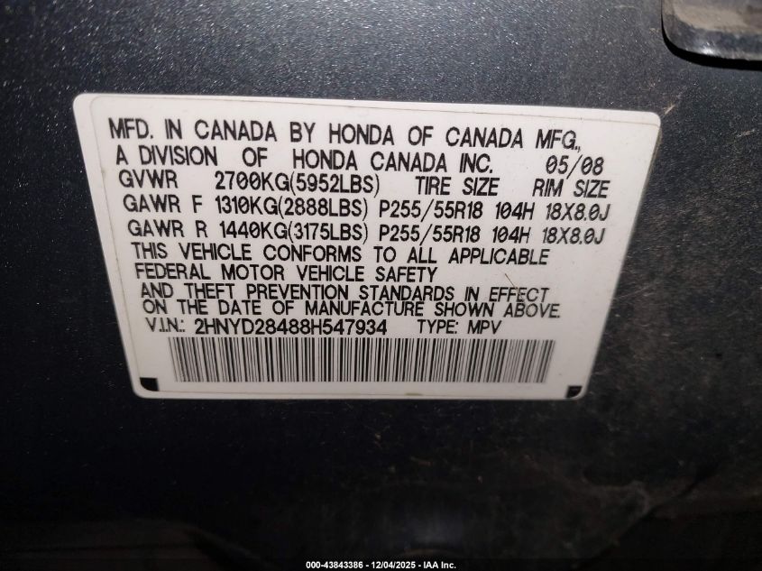 2008 Acura Mdx Technology Package VIN: 2HNYD28488H547934 Lot: 43843386