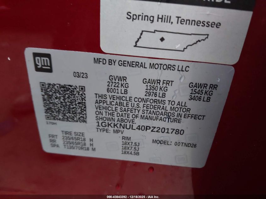 2023 GMC Acadia Slt VIN: 1GKKNUL40PZ201780 Lot: 43843392