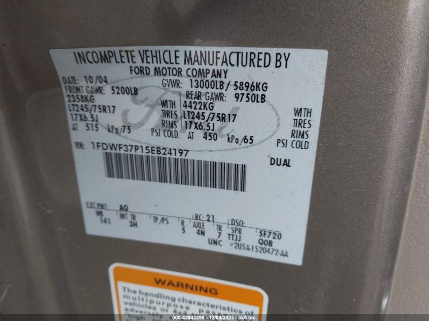 2005 Ford F-350 Xl/Xlt VIN: 1FDWF37P15EB24197 Lot: 43843396