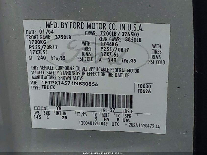 2004 Ford F-150 Fx4/Lariat/Xl/Xlt VIN: 1FTPX14574NB30856 Lot: 43843429