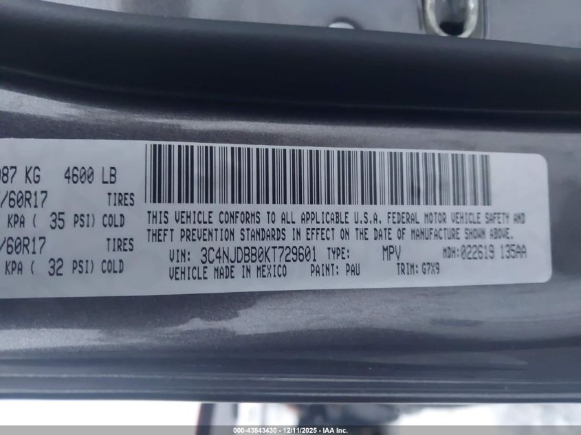 2019 Jeep Compass Latitude 4X4 VIN: 3C4NJDBB0KT729601 Lot: 43843430