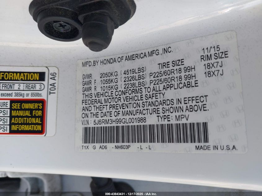 2016 Honda Cr-V Touring VIN: 5J6RM3H99GL001988 Lot: 43843431