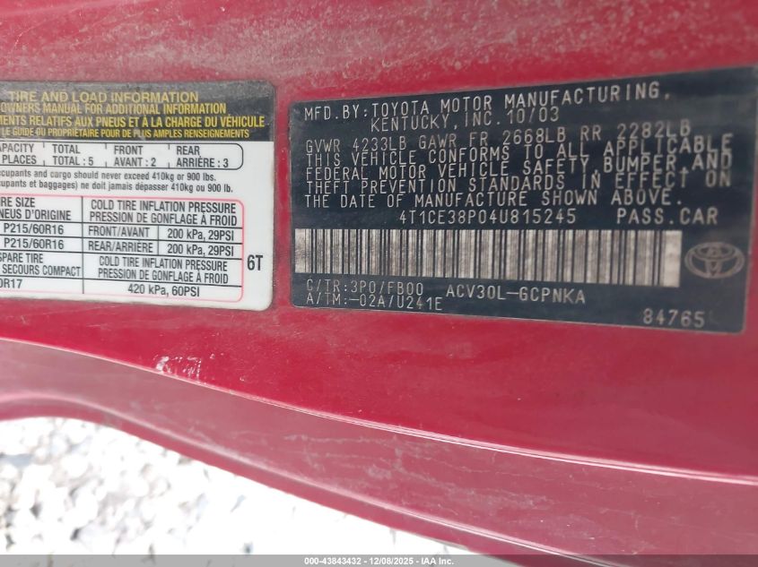 2004 Toyota Camry Solara Se VIN: 4T1CE38P04U815245 Lot: 43843432