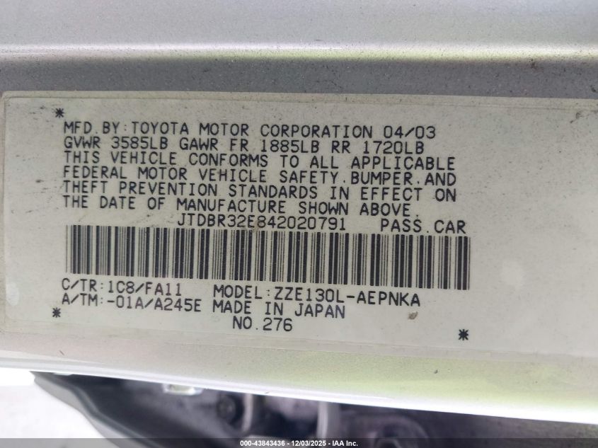 2004 Toyota Corolla Le VIN: JTDBR32E842020791 Lot: 43843436