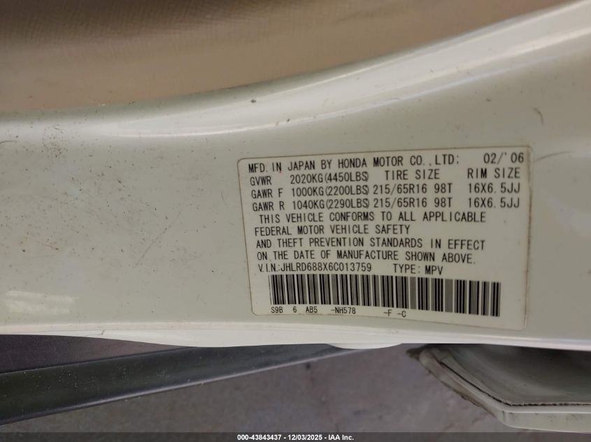 2006 Honda Cr-V Ex VIN: JHLRD688X6C013759 Lot: 43843437