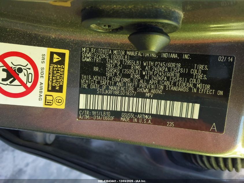 2014 Toyota Highlander Xle V6 VIN: 5TDJKRFH8ES018377 Lot: 43843441