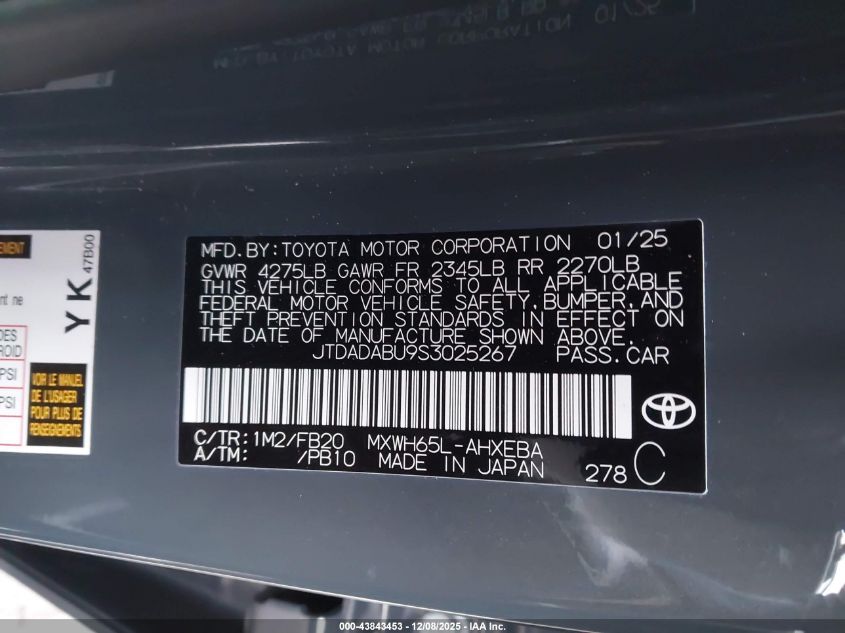 2025 Toyota Prius Le Awd-E VIN: JTDADABU9S3025267 Lot: 43843453