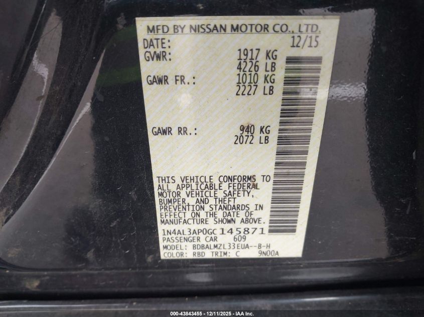 2016 Nissan Altima 2.5 Sv VIN: 1N4AL3AP0GC145871 Lot: 43843455