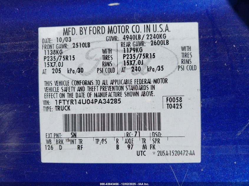 1FTYR14U04PA34285 2004 FORD RANGER photo no. 9