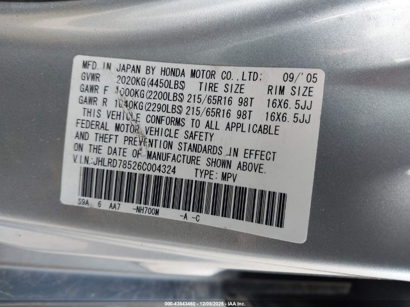 2006 Honda Cr-V Lx VIN: JHLRD78526C004324 Lot: 43843460