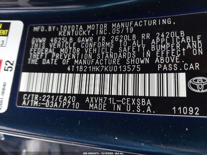 2019 Toyota Camry Hybrid Se VIN: 4T1B21HK7KU013575 Lot: 43843474