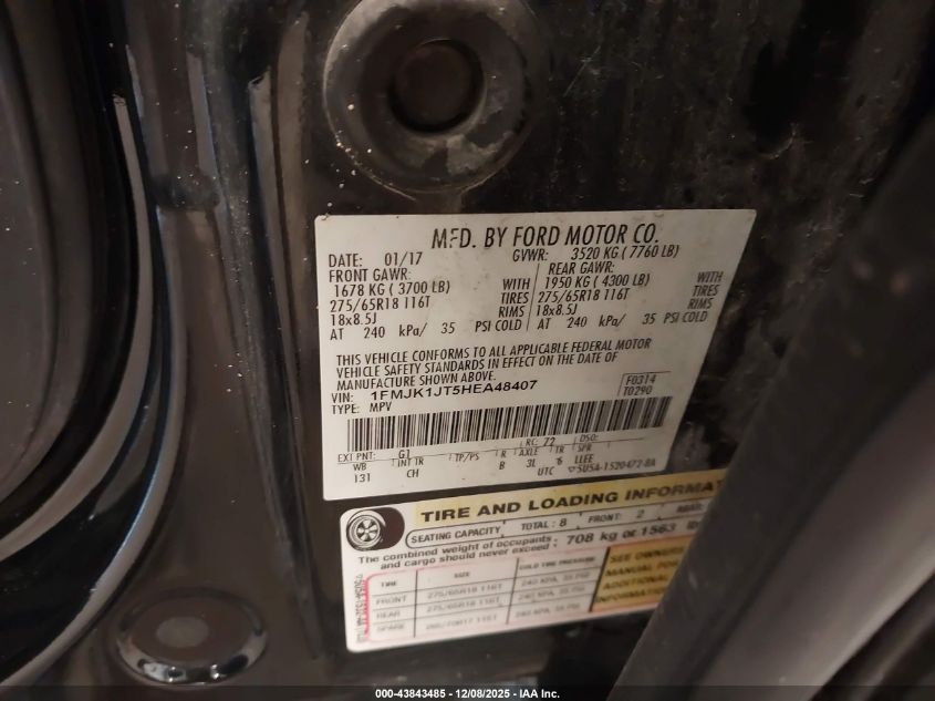 2017 Ford Expedition El Xlt VIN: 1FMJK1JT5HEA48407 Lot: 43843485