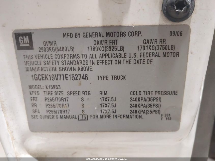 2007 Chevrolet Silverado 1500 Classic Work Truck VIN: 1GCEK19V77E152746 Lot: 43843490