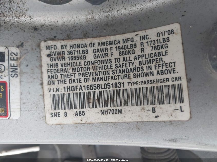 2008 Honda Civic Lx VIN: 1HGFA16558L051831 Lot: 43843493