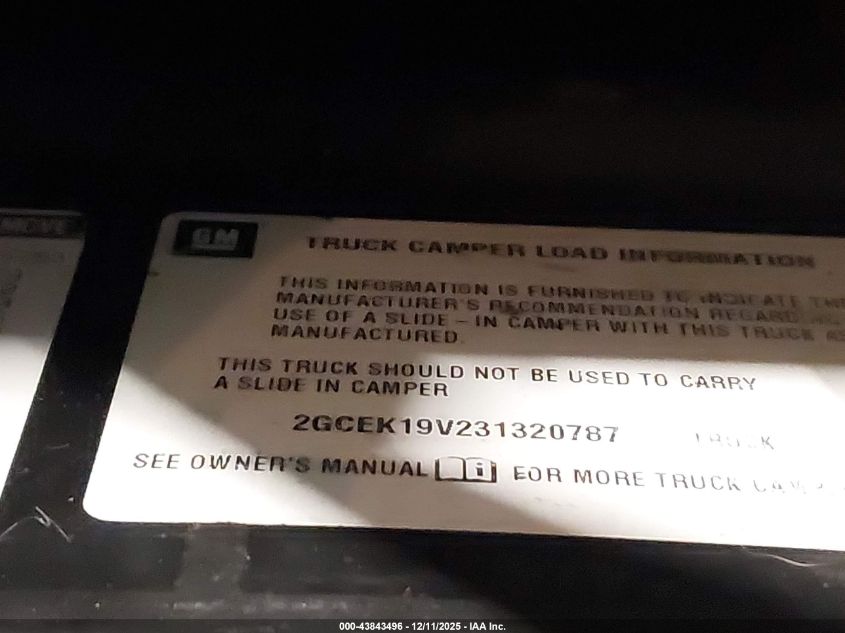 2003 Chevrolet Silverado 1500 VIN: 2GCEK19V231320787 Lot: 43843496