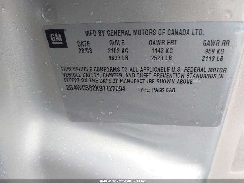 2009 Buick Lacrosse Cx VIN: 2G4WC582X91127694 Lot: 43843500