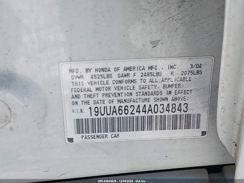 2004 Acura Tl VIN: 19UUA66244A034843 Lot: 43843529