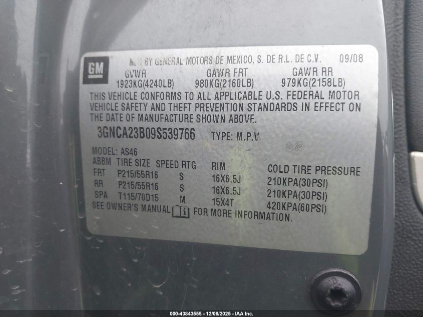 2009 Chevrolet Hhr Lt VIN: 3GNCA23B09S539766 Lot: 43843555