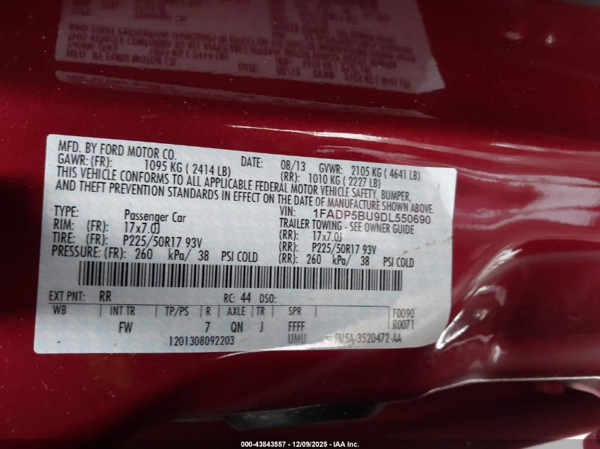 2013 Ford C-Max Hybrid Sel VIN: 1FADP5BU9DL550690 Lot: 43843557