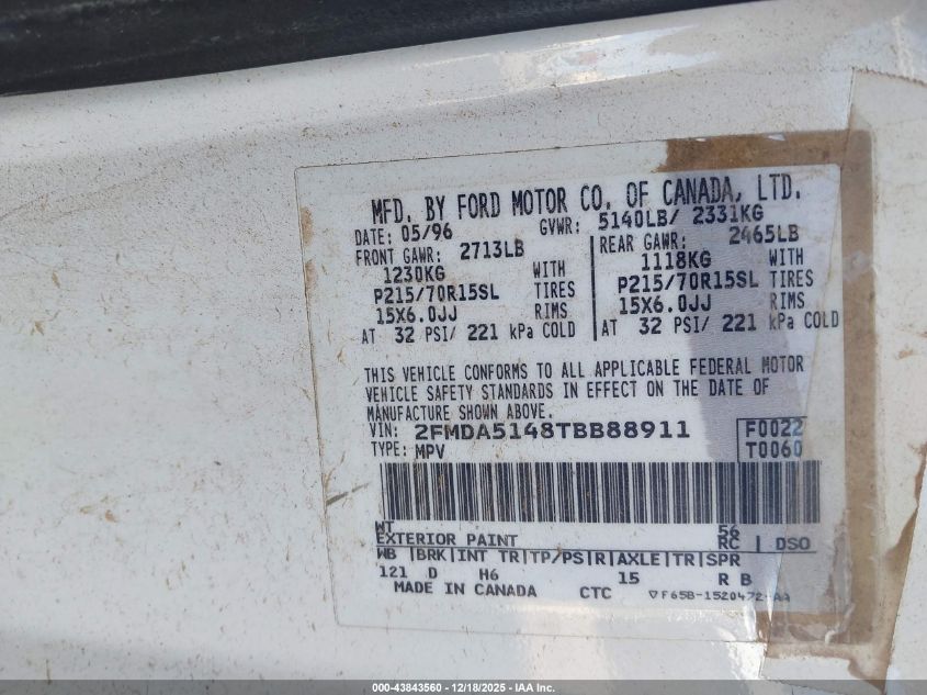 1996 Ford Windstar Wagon VIN: 2FMDA5148TBB88911 Lot: 43843560