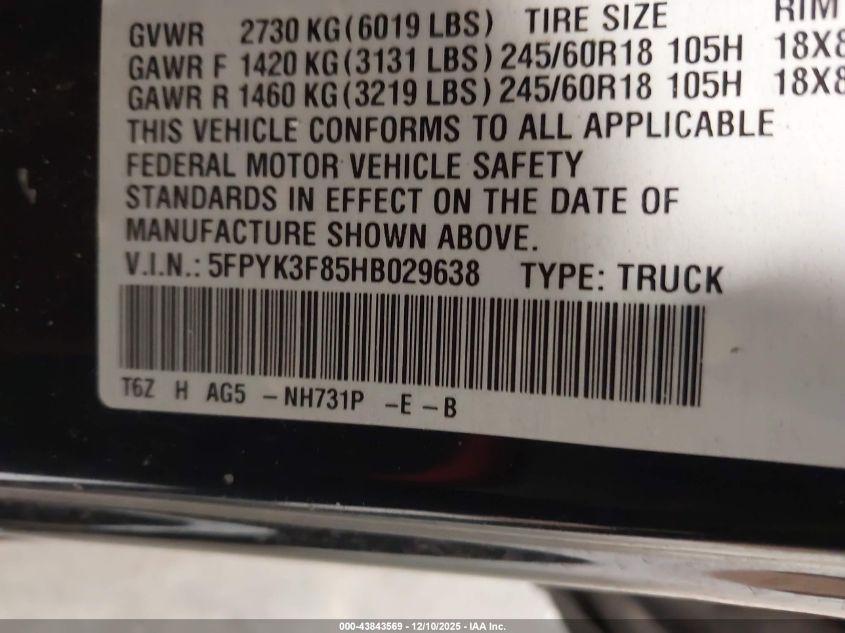 2017 Honda Ridgeline Black Edition VIN: 5FPYK3F85HB029638 Lot: 43843569