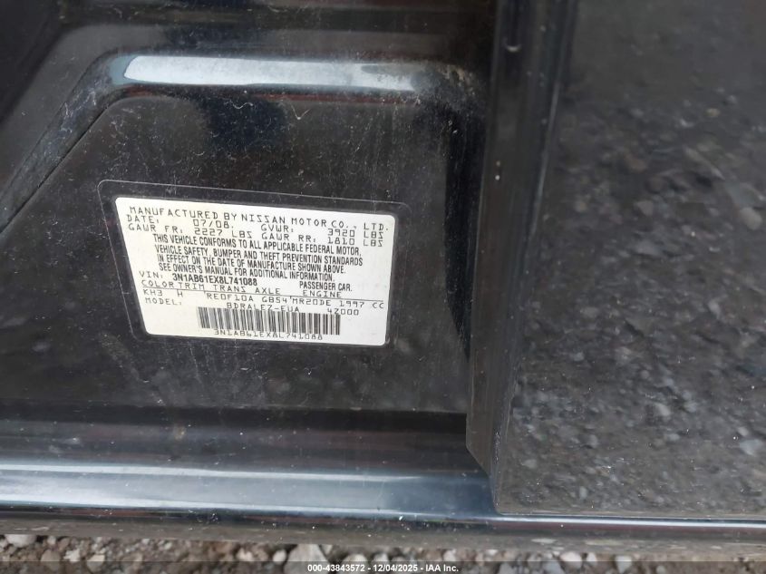 2008 Nissan Sentra 2.0S VIN: 3N1AB61EX8L741088 Lot: 43843572