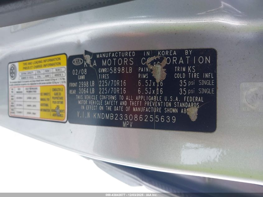 2008 Kia Sedona Lx VIN: KNDMB233086255639 Lot: 43843577
