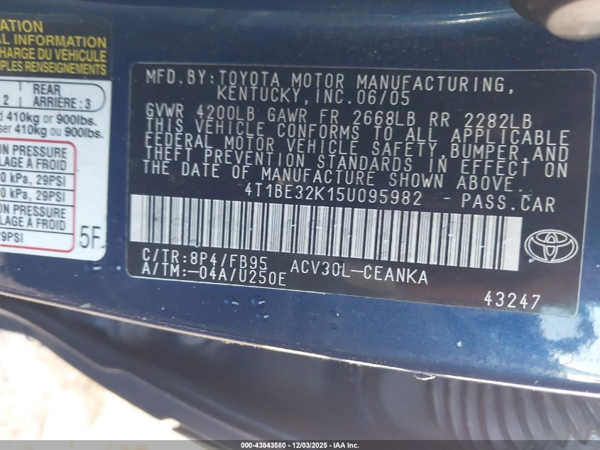 2005 Toyota Camry Le VIN: 4T1BE32K15U095982 Lot: 43843580