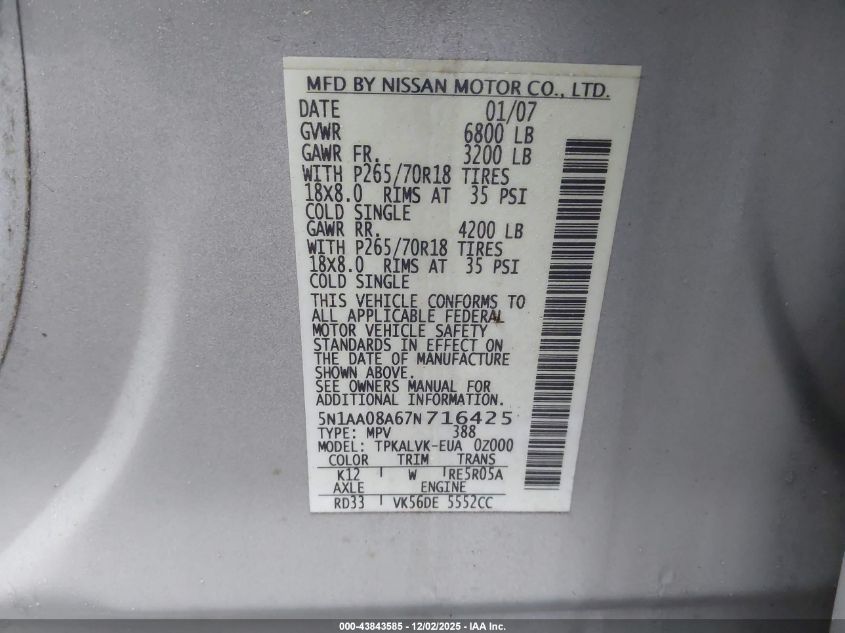 2007 Nissan Armada Le VIN: 5N1AA08A67N716425 Lot: 43843585
