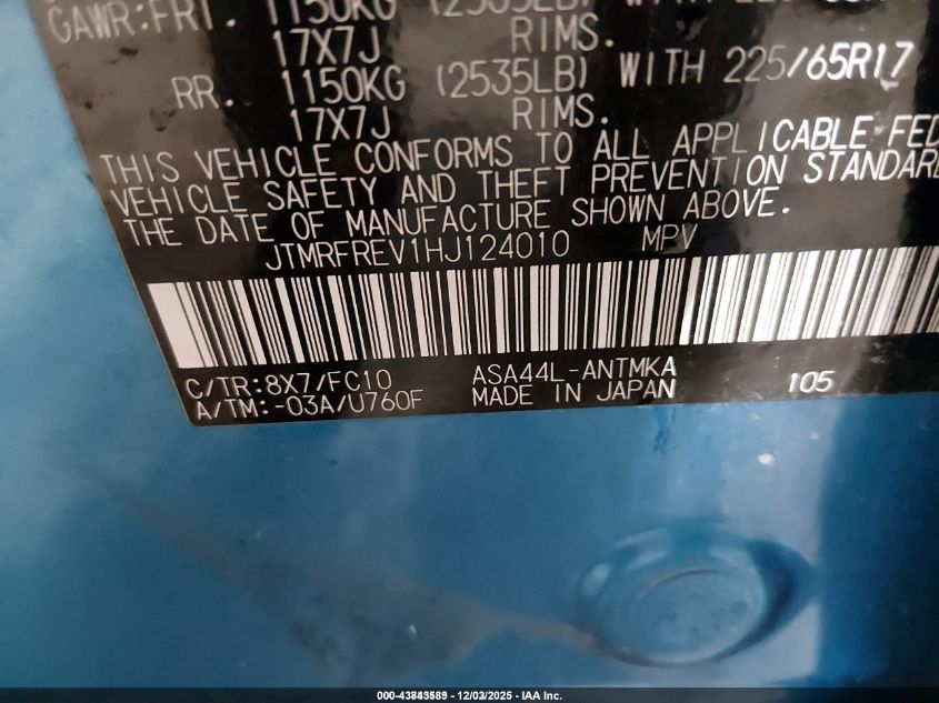 2017 Toyota Rav4 Xle VIN: JTMRFREV1HJ124010 Lot: 43843589