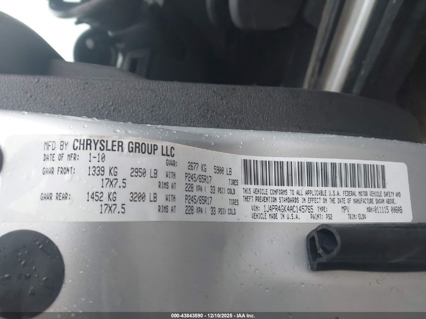 2010 Jeep Grand Cherokee Laredo VIN: 1J4PR4GK4AC145765 Lot: 43843590