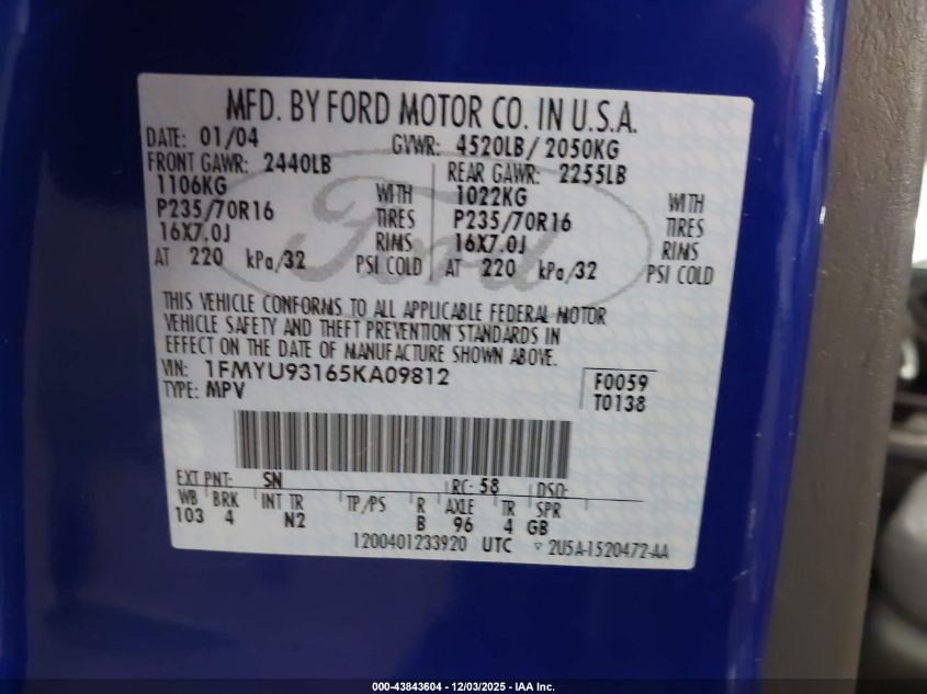 2005 Ford Escape Xlt VIN: 1FMYU93165KA09812 Lot: 43843604