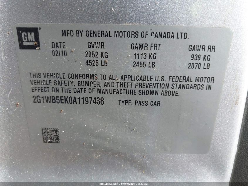 2010 Chevrolet Impala Lt VIN: 2G1WB5EK0A1197438 Lot: 43843605