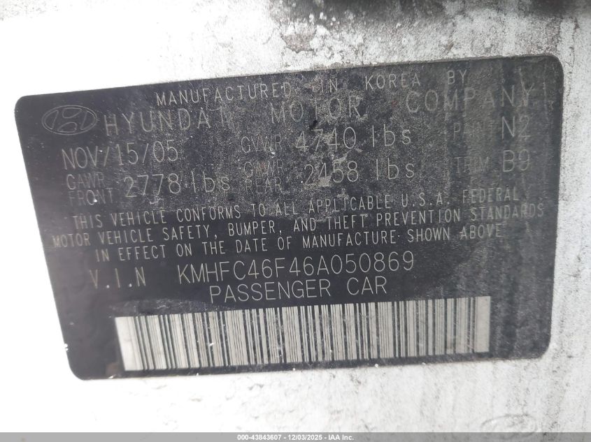 2006 Hyundai Azera Limited/Se VIN: KMHFC46F46A050869 Lot: 43843607