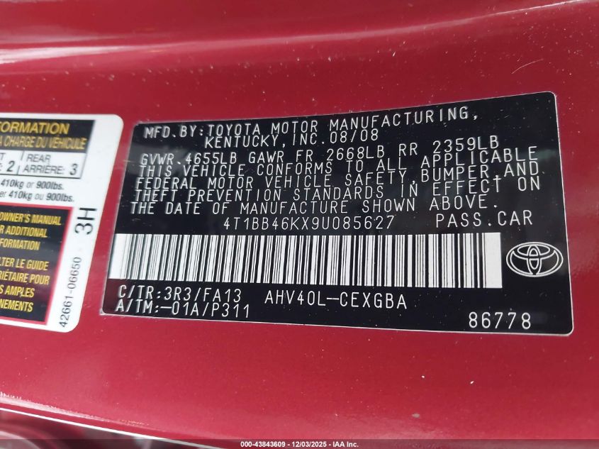 2009 Toyota Camry Hybrid VIN: 4T1BB46KX9U085627 Lot: 43843609