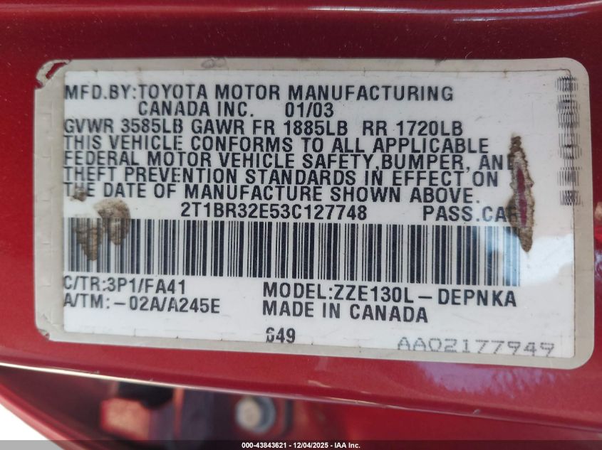 2003 Toyota Corolla Le VIN: 2T1BR32E53C127748 Lot: 43843621